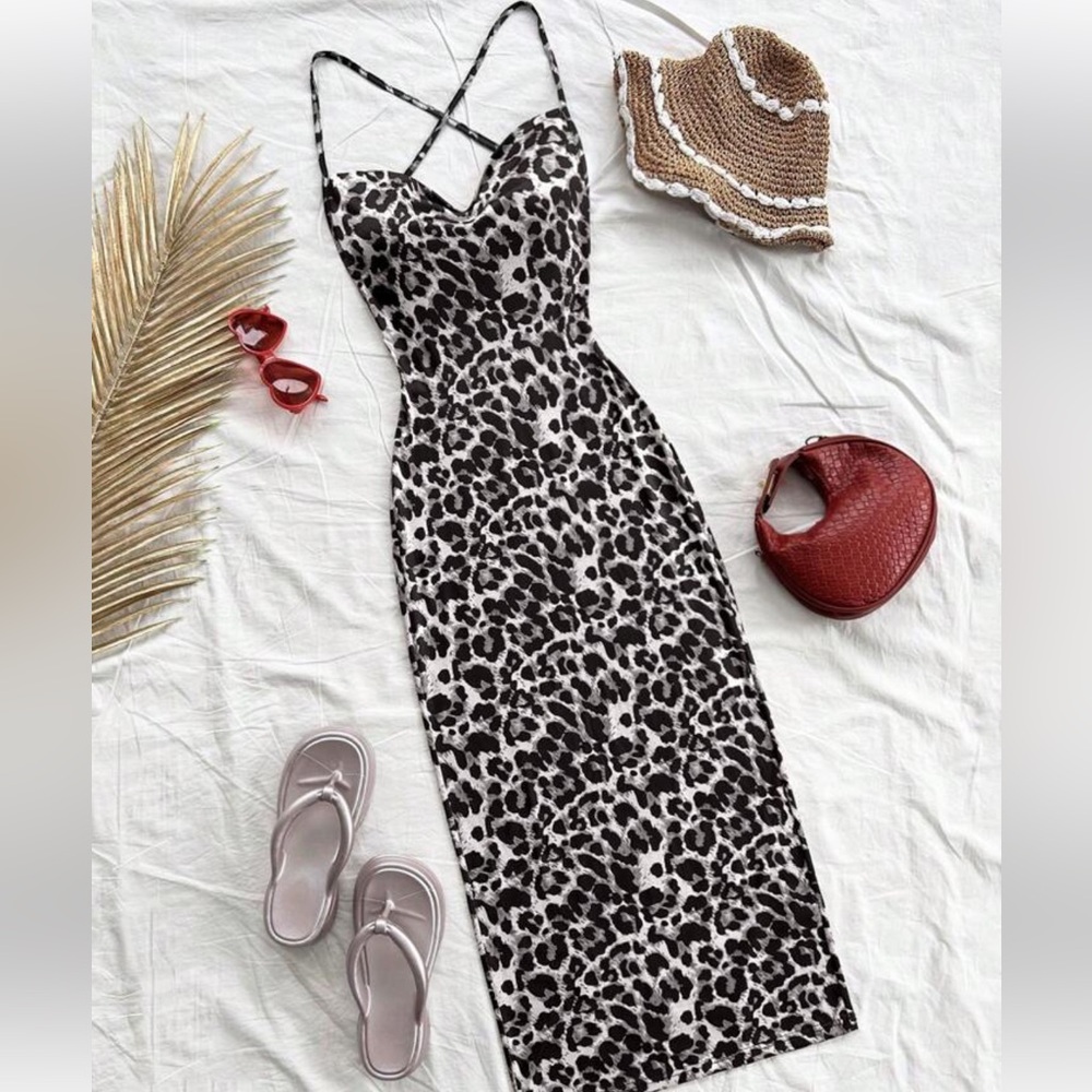 Black and White Leopard Backless Dress